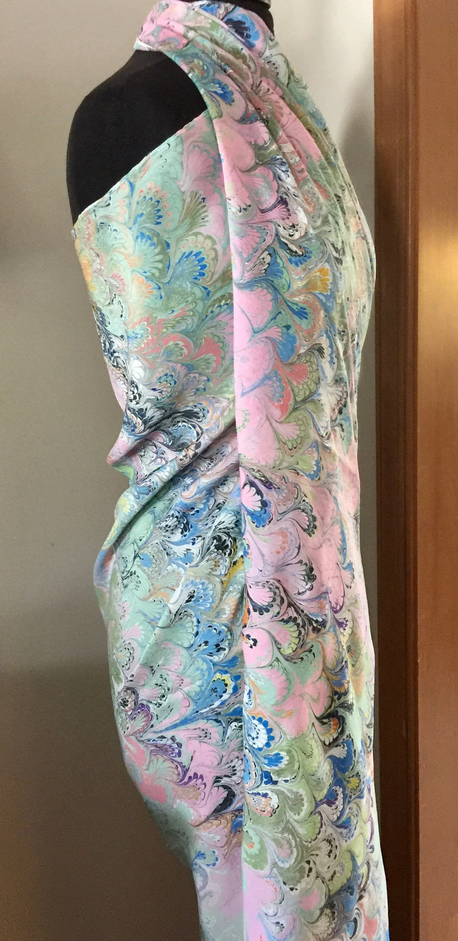 Rainbow Bouquet Sarong Wrap 44x70 water marbled Habotai Silk.