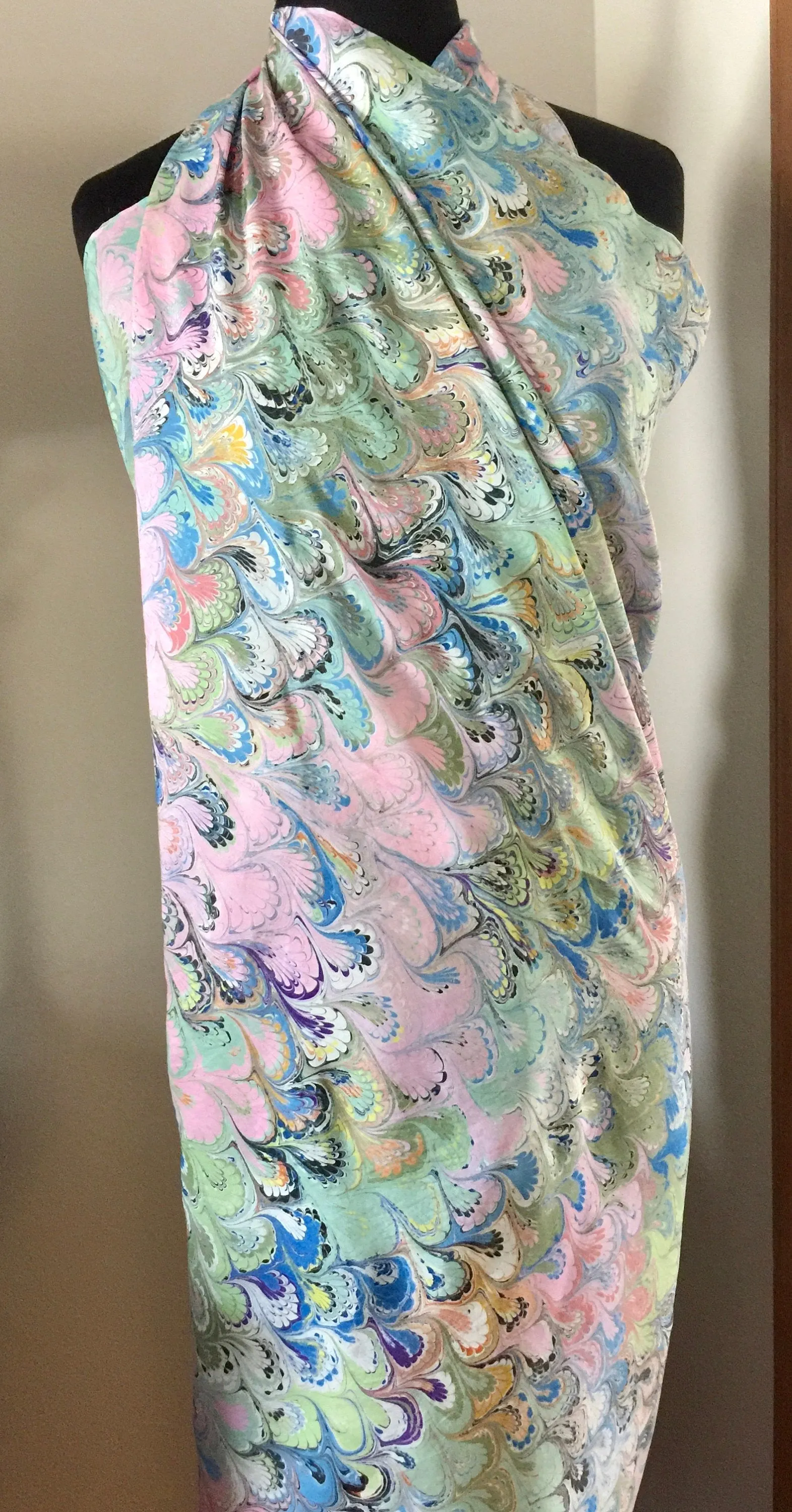 Rainbow Bouquet Sarong Wrap 44x70 water marbled Habotai Silk.