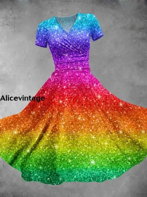 Rainbow Gradient Art Print V-Neck Short Sleeve Midi Dress
