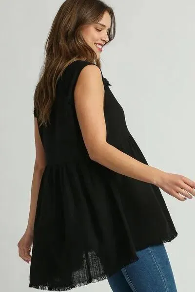Raw Hem Round Neck Sleeveless Black Top - Effortless Style for Summer 2025