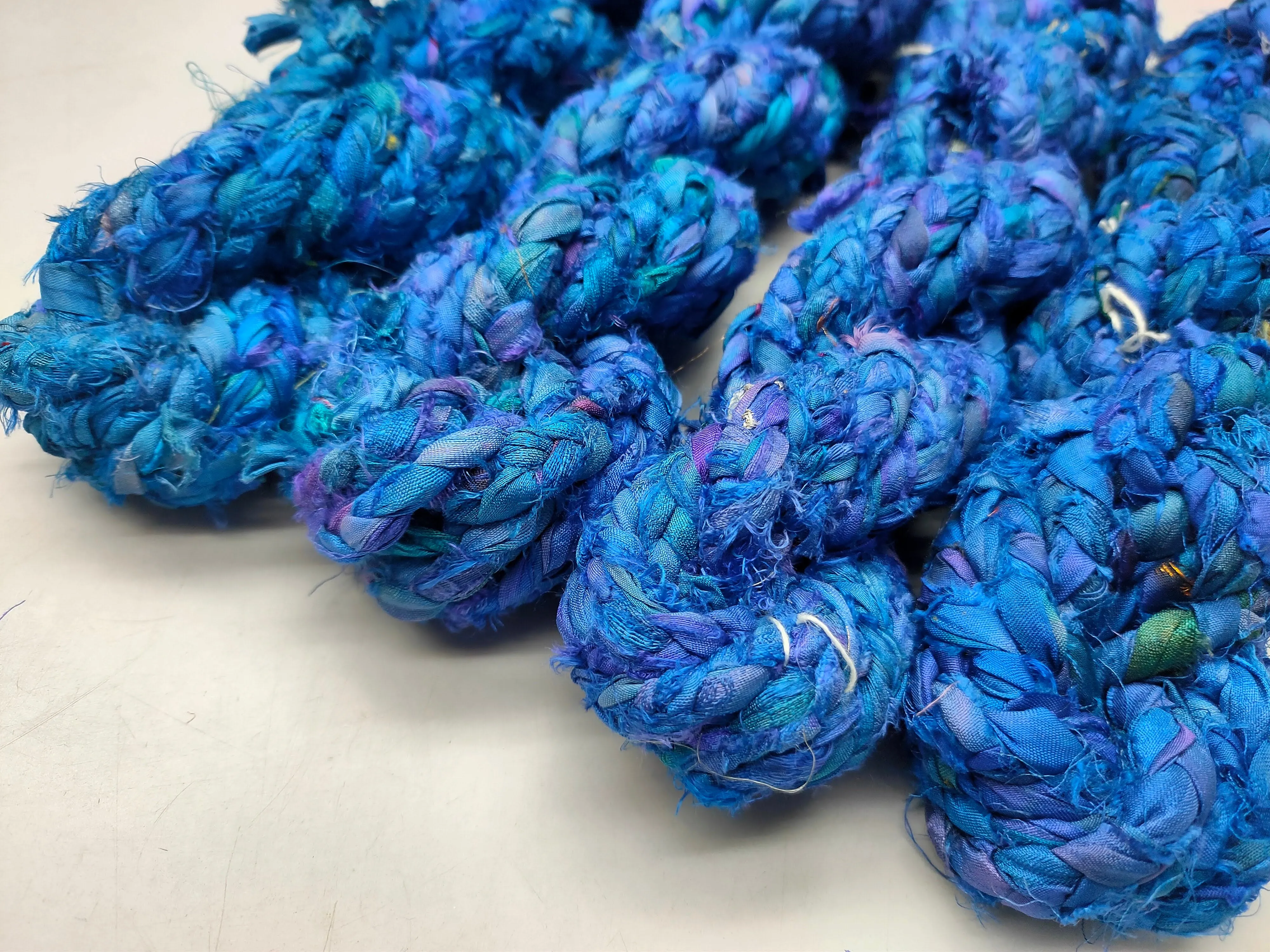 Recycled Sari Silk Ribbon Braided - Sea Blue