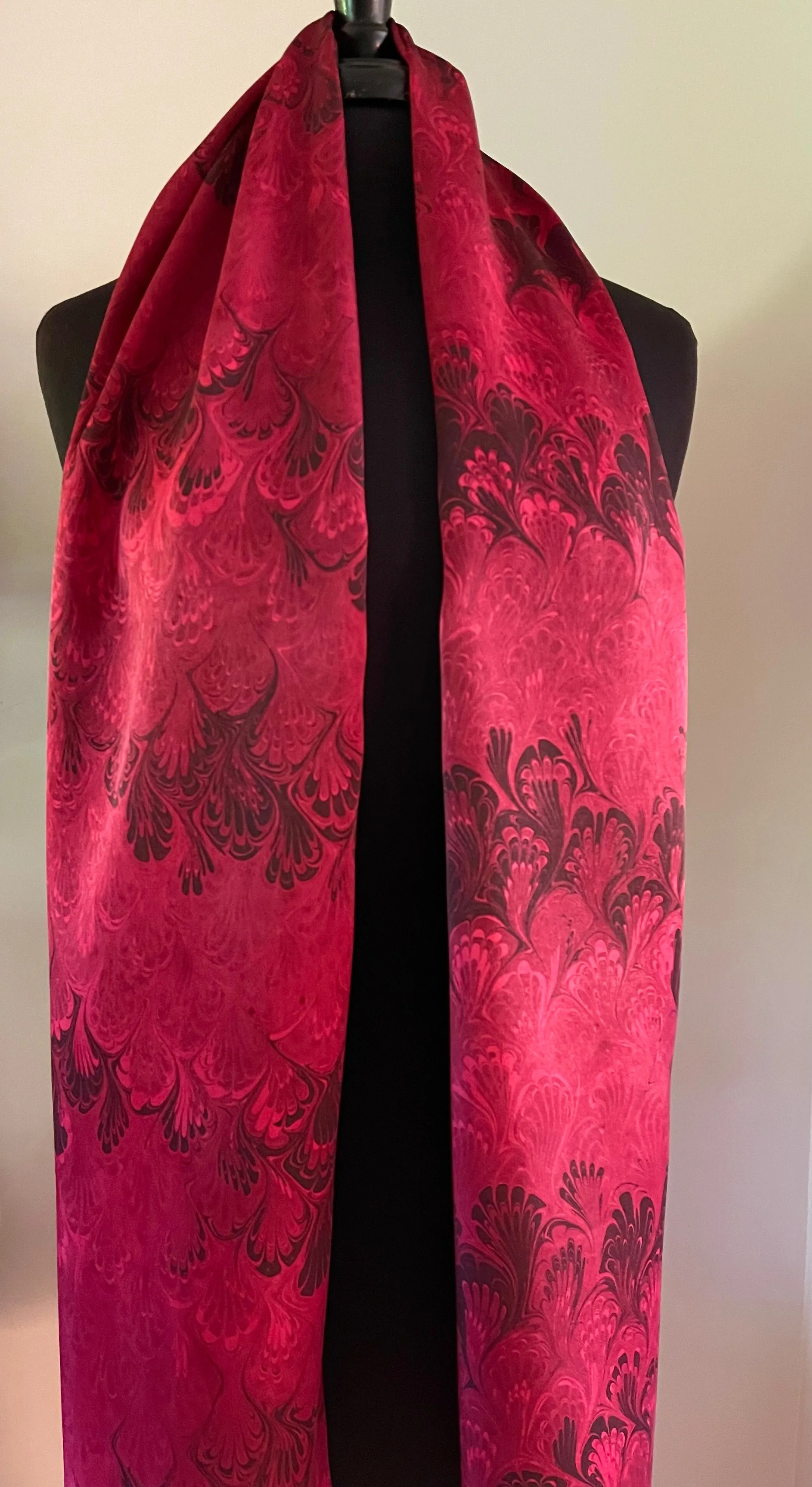 Red Bouquet Charmeuse Silk 72x14” bold fun. This beautiful silk makes a unique dresser cover and scarf