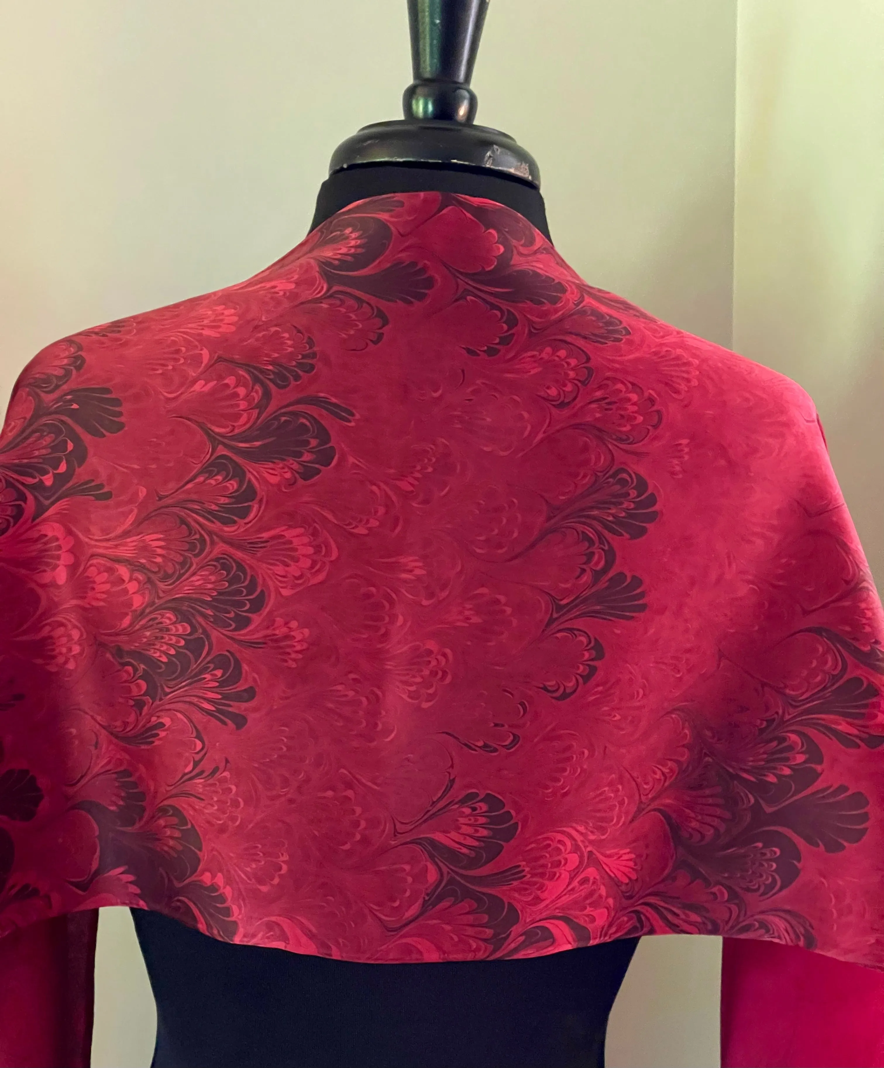 Red Bouquet Charmeuse Silk 72x14” bold fun. This beautiful silk makes a unique dresser cover and scarf