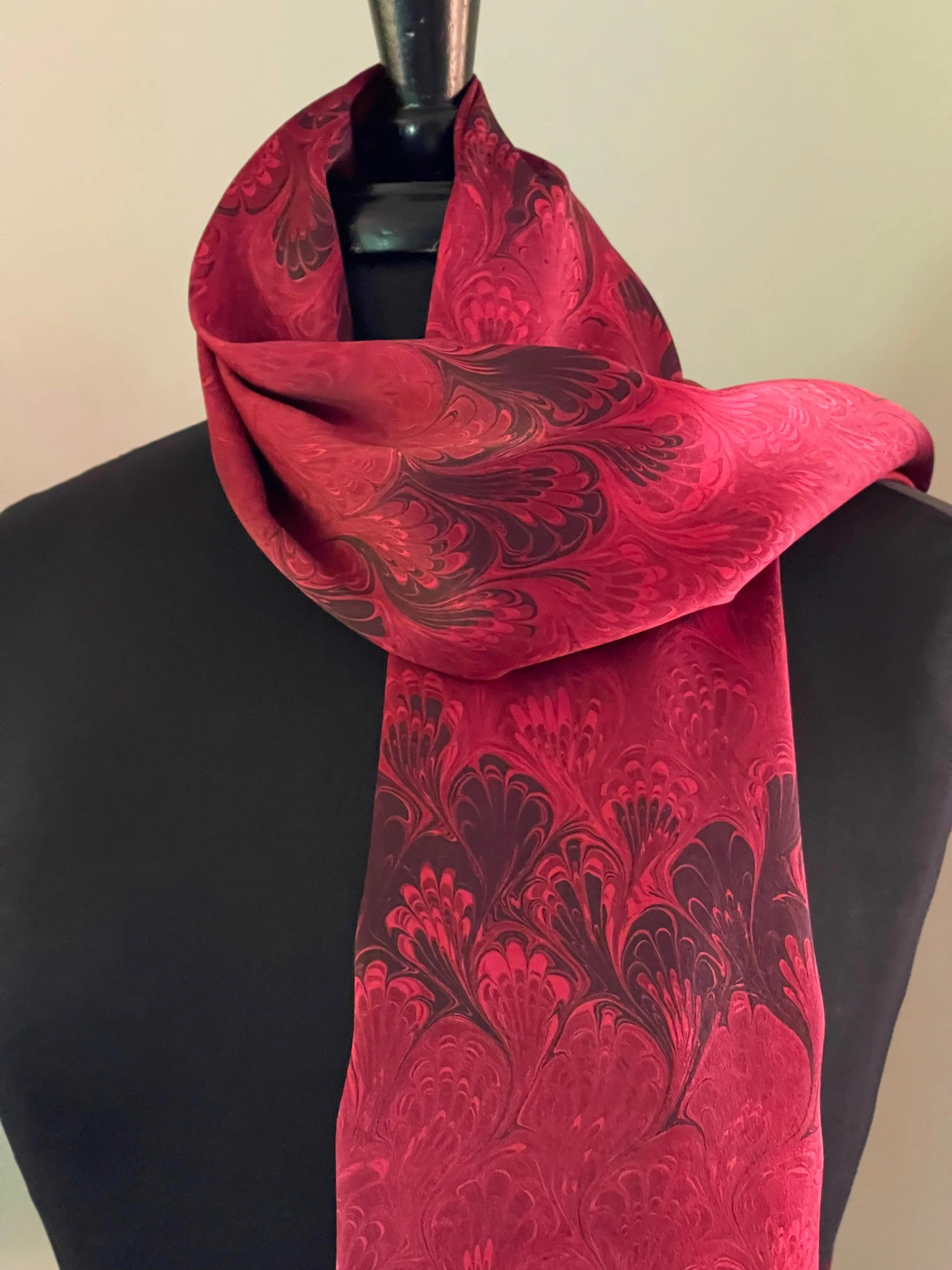 Red Bouquet Charmeuse Silk 72x14” bold fun. This beautiful silk makes a unique dresser cover and scarf