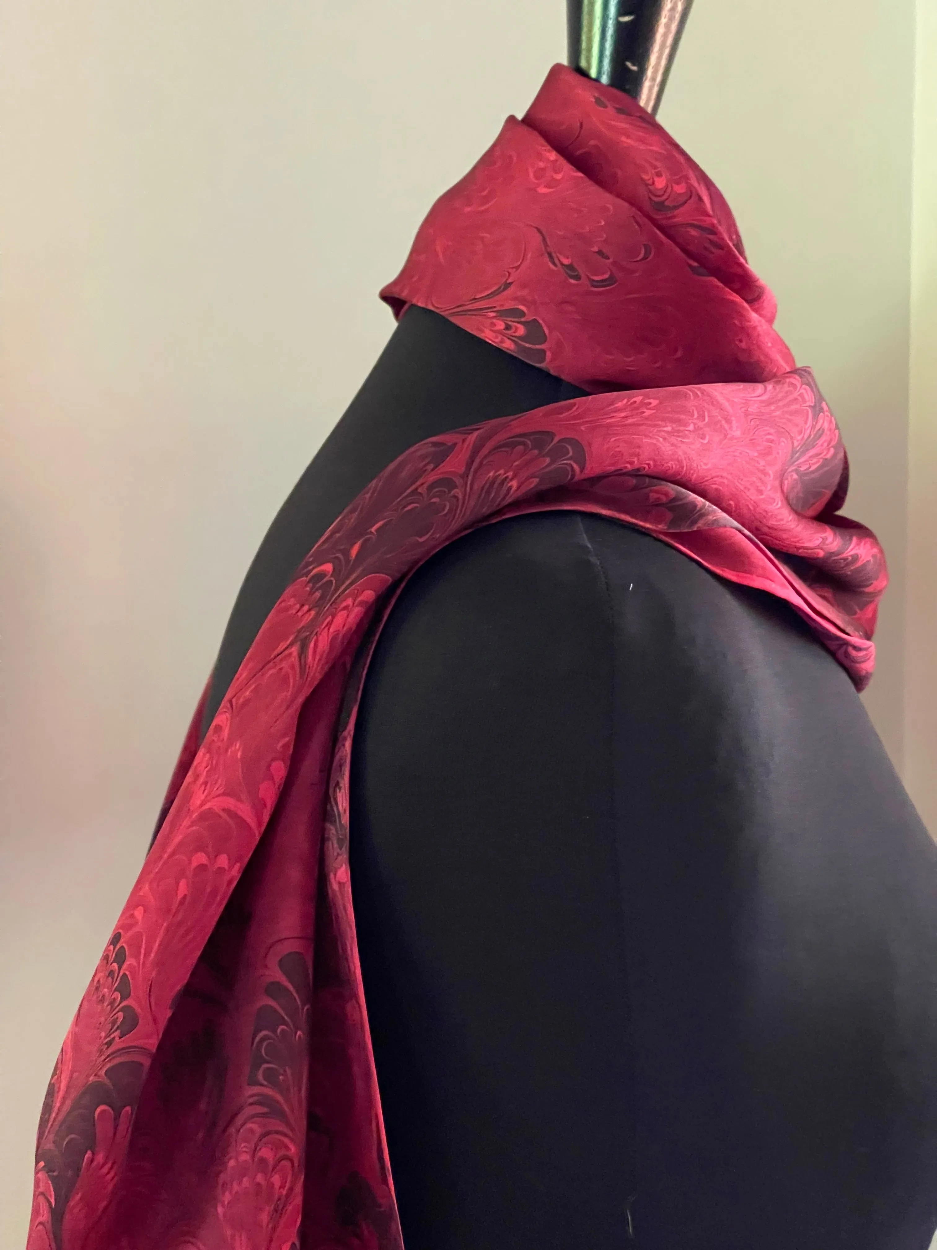 Red Bouquet Charmeuse Silk 72x14” bold fun. This beautiful silk makes a unique dresser cover and scarf