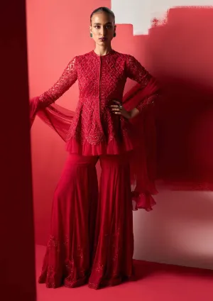 Red eshrat embroidered peplum Gharara set
