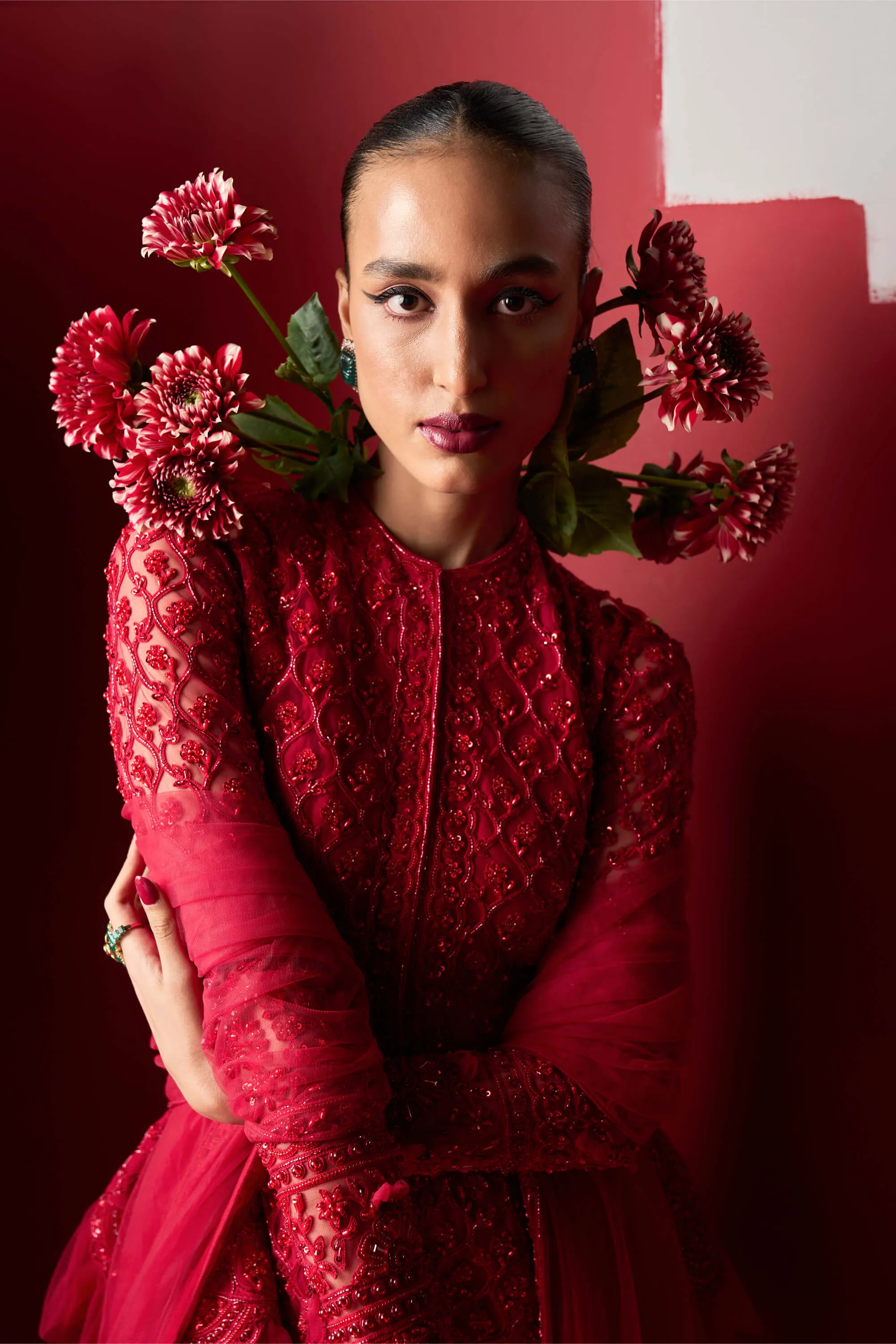 Red eshrat embroidered peplum Gharara set