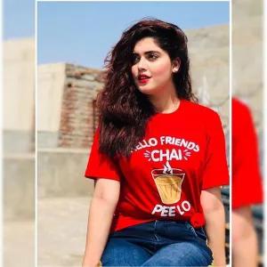 Red Hellow Friends Chai Peelo Cotton T-shirt For Womens