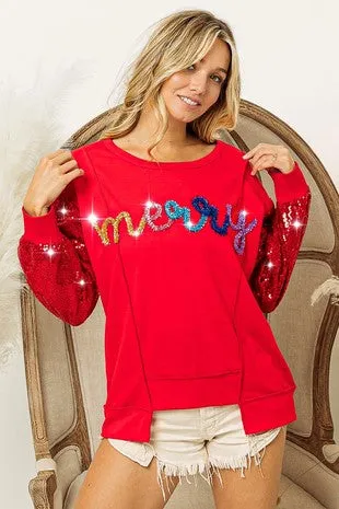 Red Merry Tinsel Terry Sequin Sleeve Bibi Top 12/2/24 9359