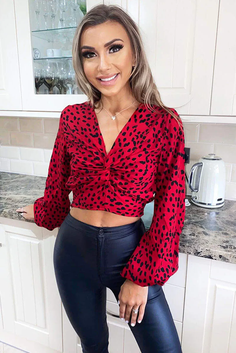 Red Printed Front Knot Crop Top