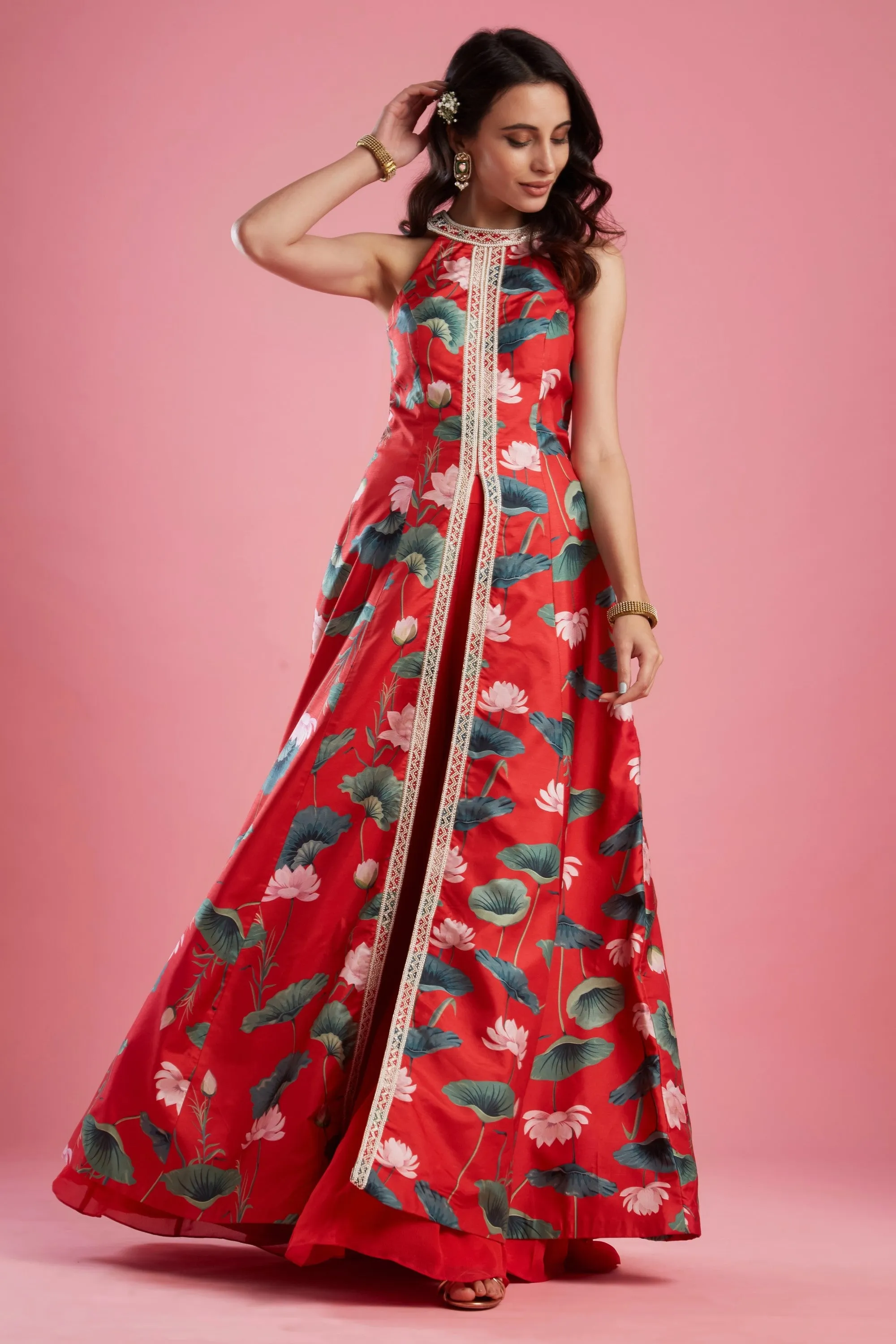 Red Printed Tunic Set