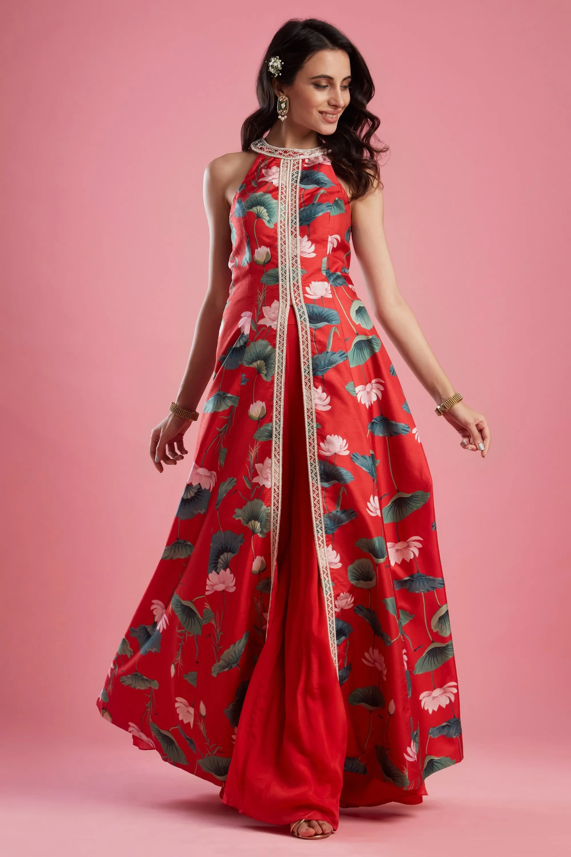Red Printed Tunic Set
