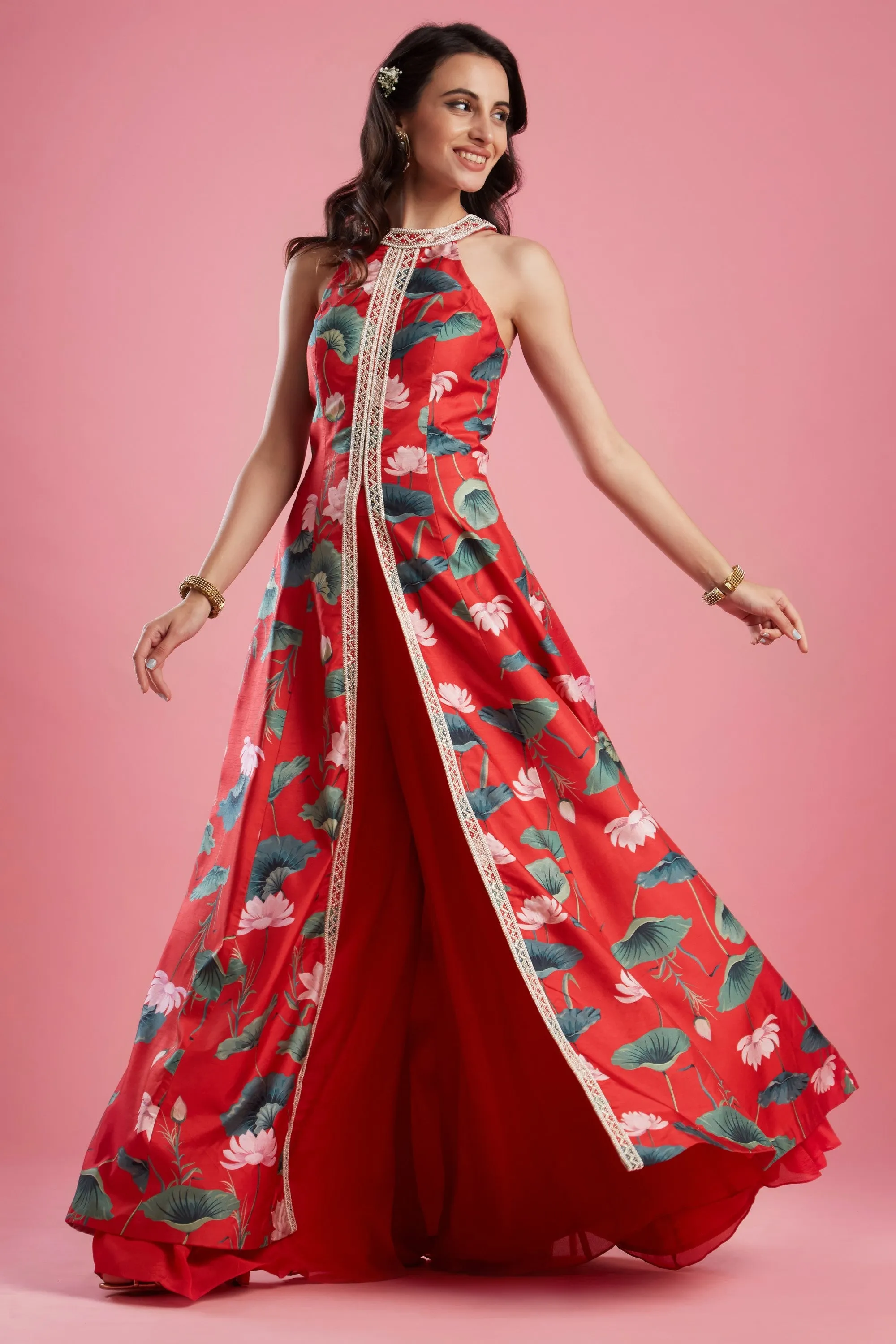 Red Printed Tunic Set