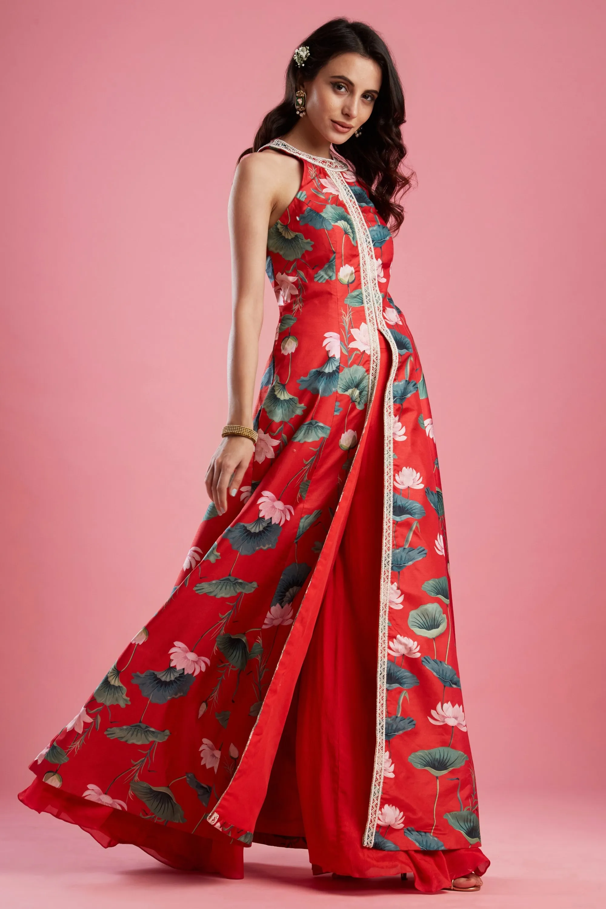 Red Printed Tunic Set