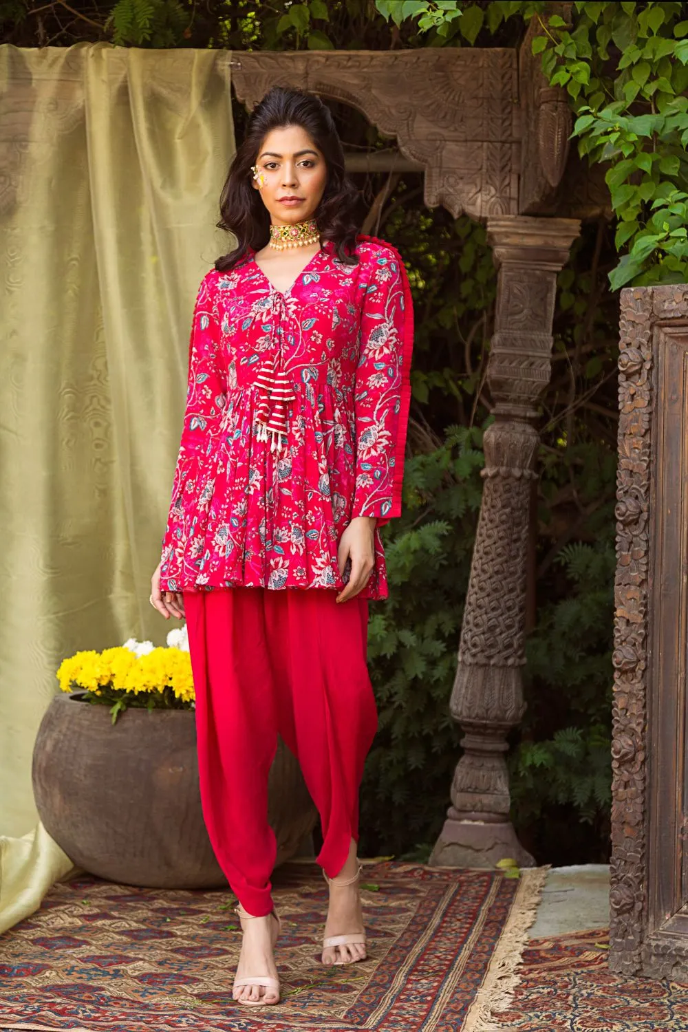Red Printed Tunic With Dhoti