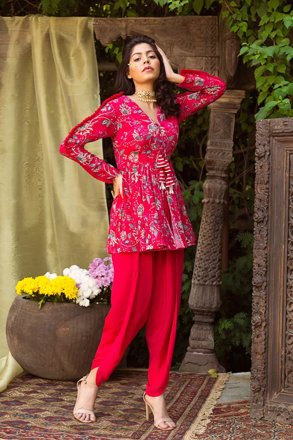Red Printed Tunic With Dhoti