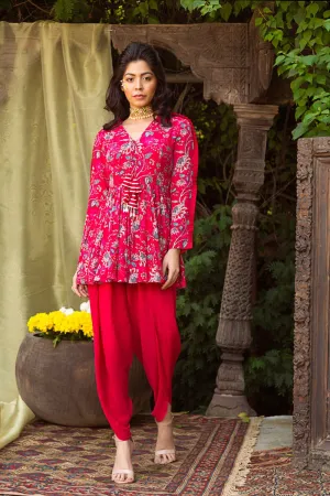 Red Printed Tunic With Dhoti