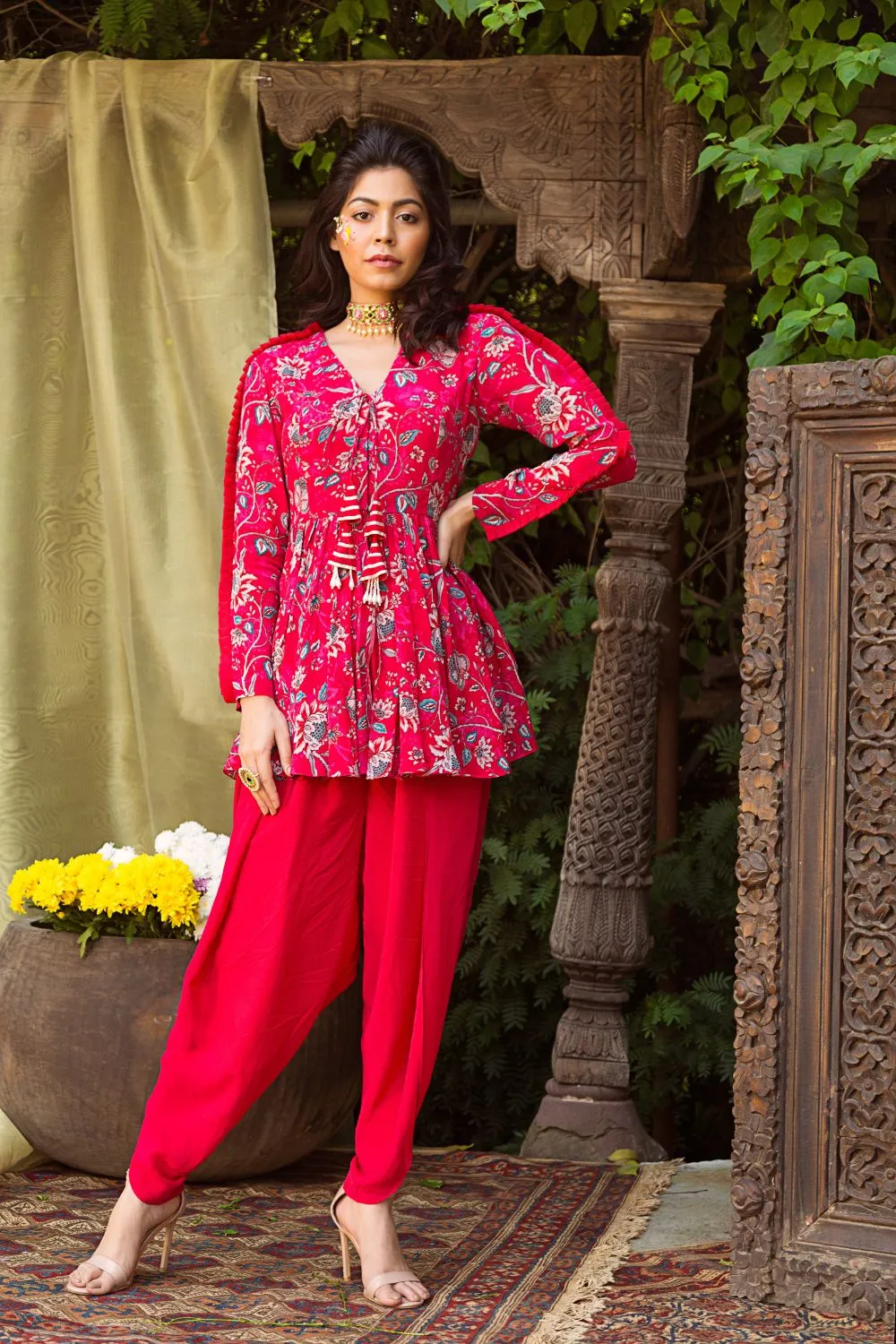 Red Printed Tunic With Dhoti