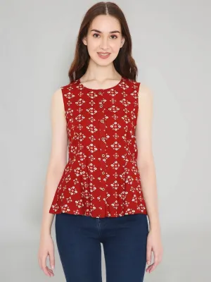 Red Rayon Bandhani Printed A-line Panelled Top
