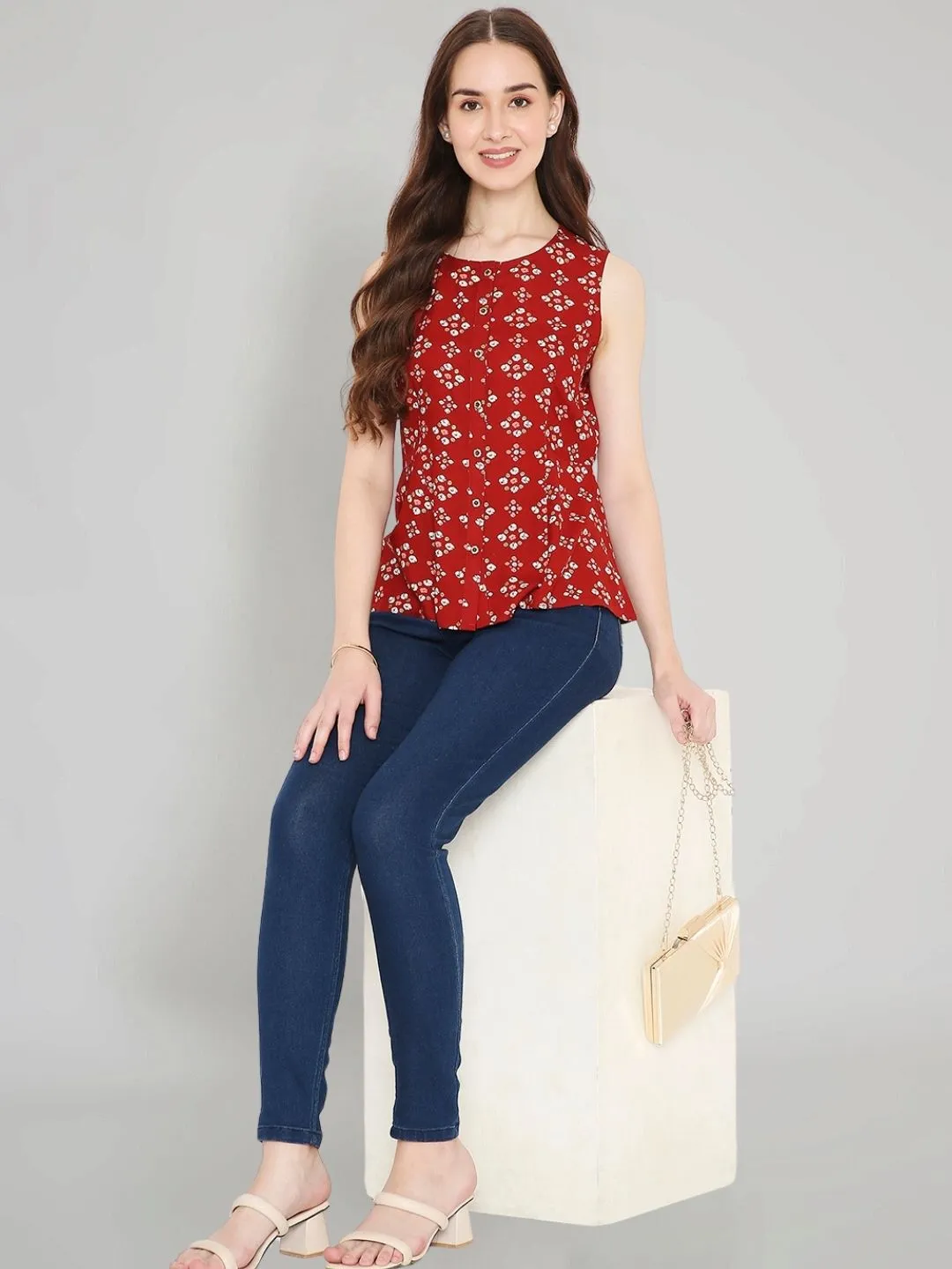 Red Rayon Bandhani Printed A-line Panelled Top