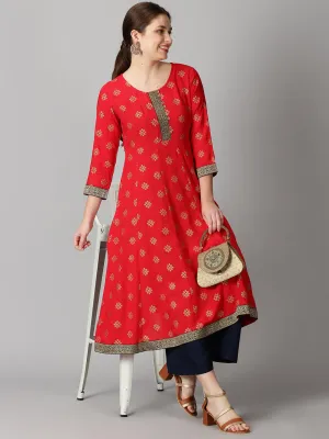 Red Rayon Ethnic Motifs Gold Printed Kurta