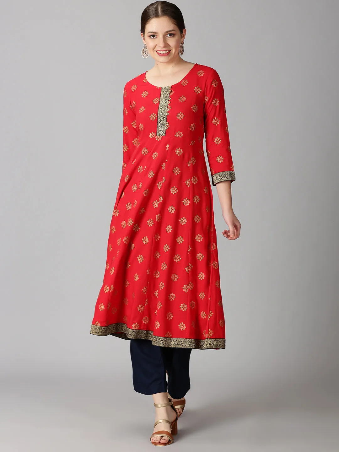 Red Rayon Ethnic Motifs Gold Printed Kurta