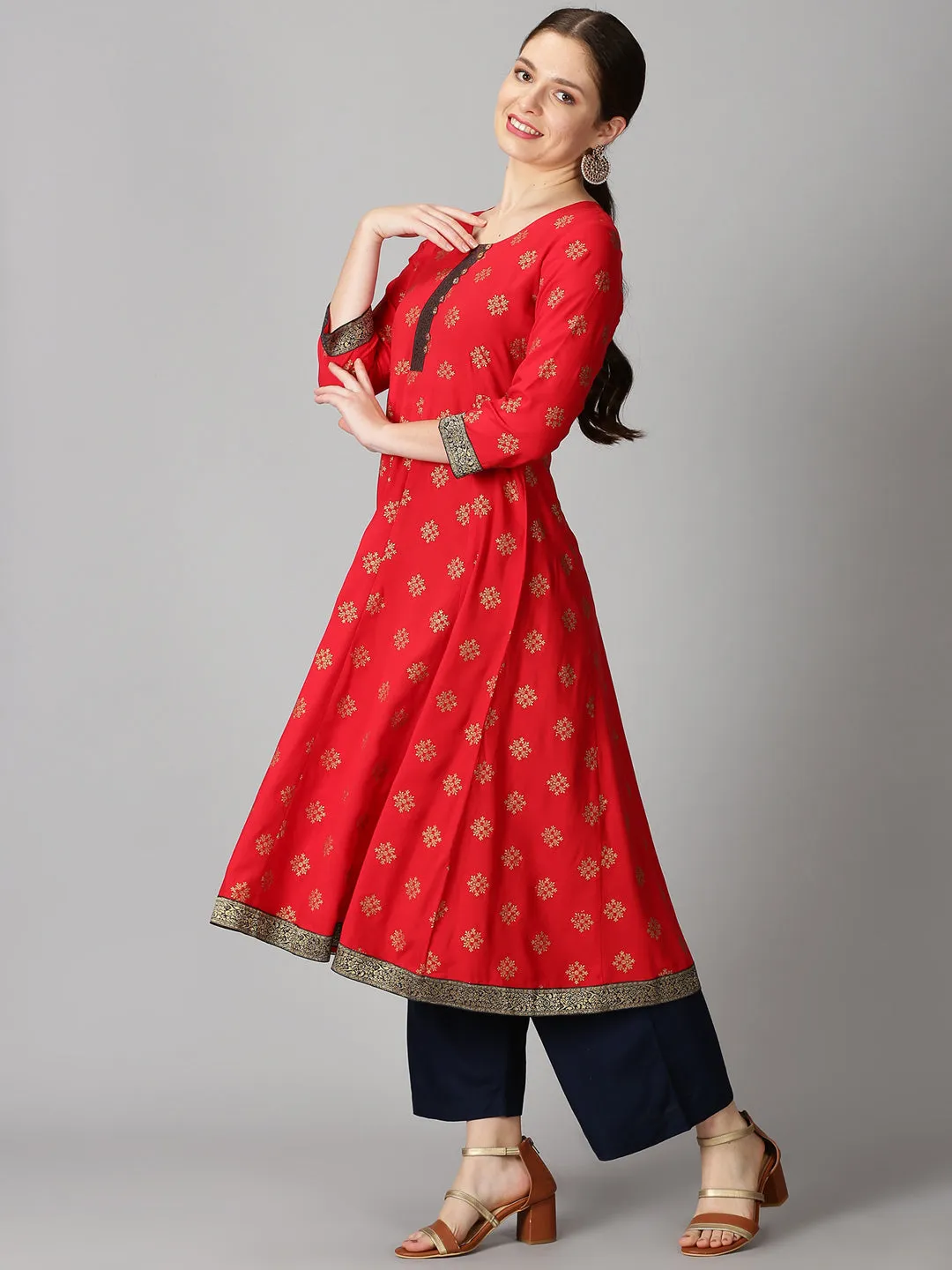Red Rayon Ethnic Motifs Gold Printed Kurta