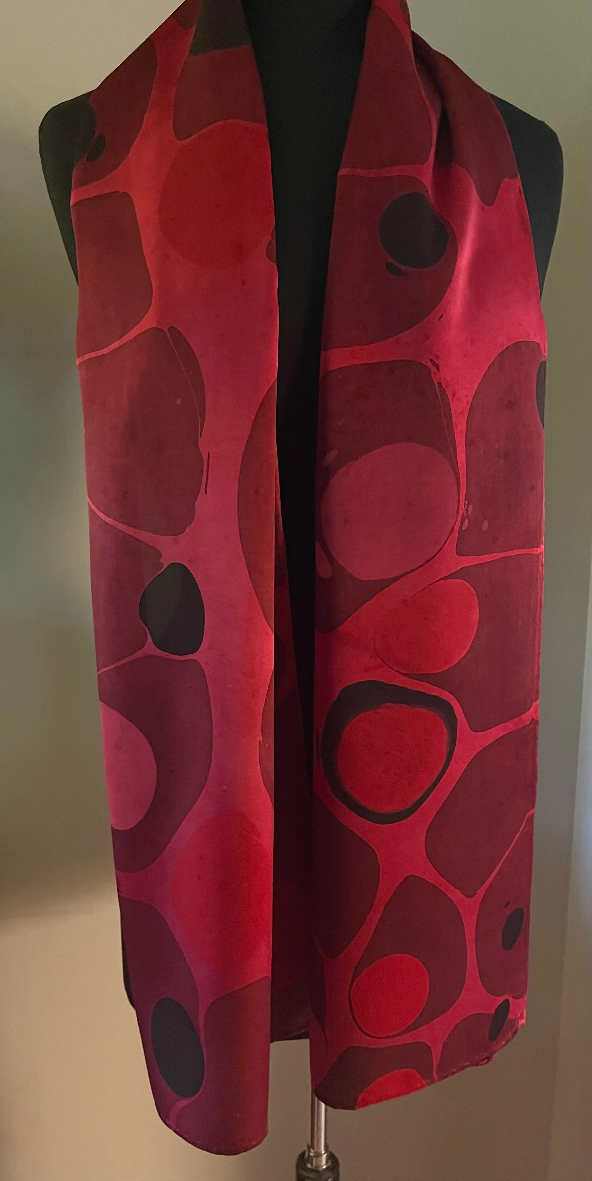 Red Stone Charmeuse Silk 72x14” bold fun. This beautiful silk makes a unique  dresser cover and scarf .