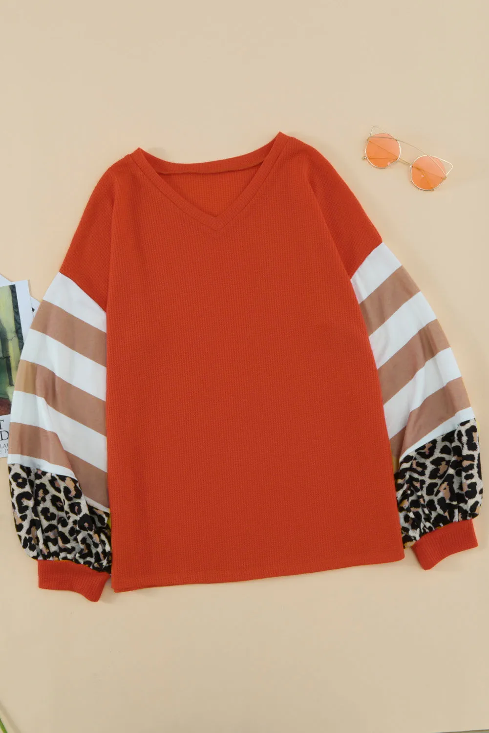 Red V Neck Lantern Sleeve Leopard Stripe Splice Long Sleeve Top
