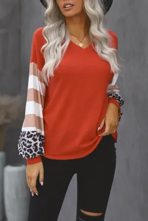Red V Neck Lantern Sleeve Leopard Stripe Splice Long Sleeve Top