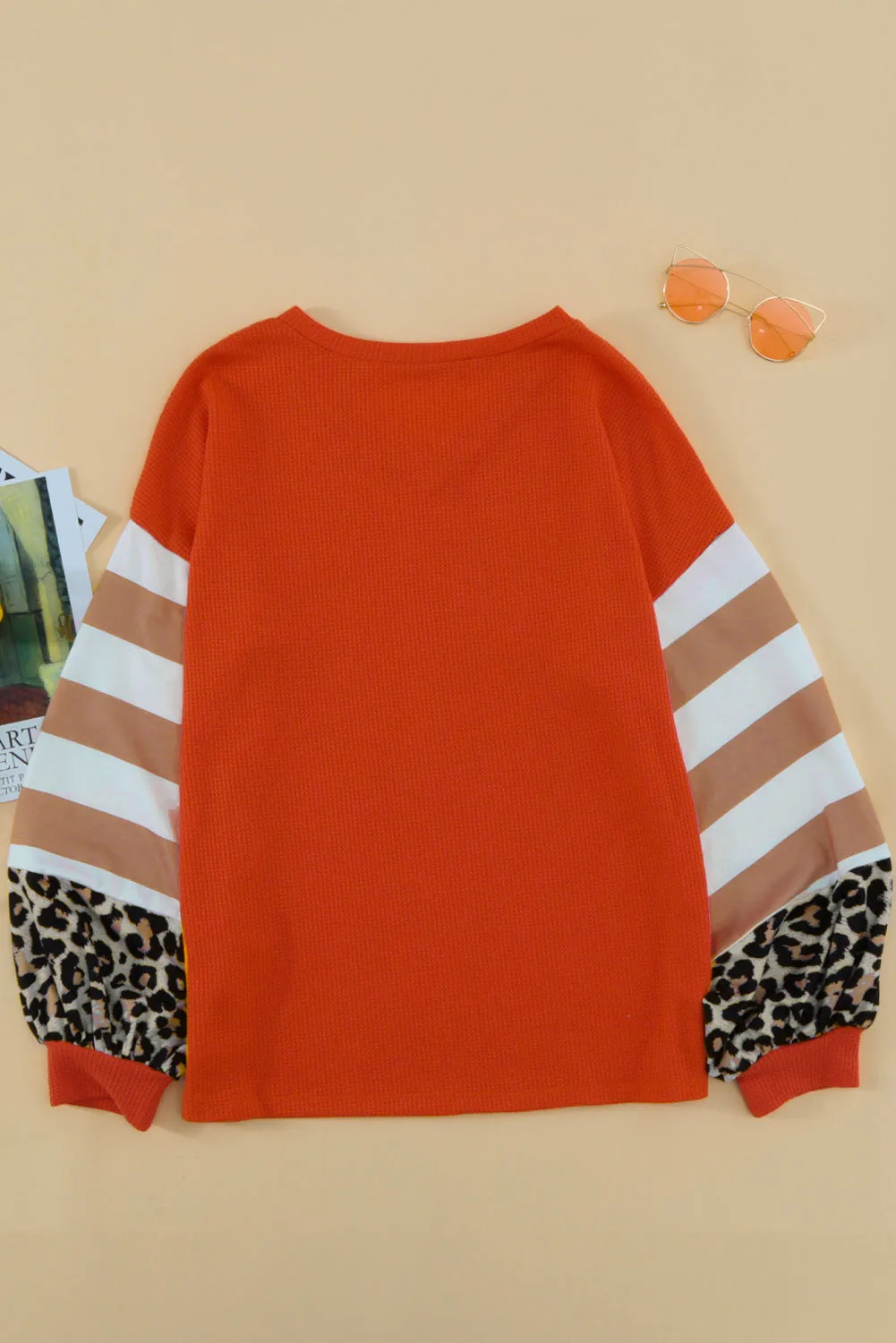 Red V Neck Lantern Sleeve Leopard Stripe Splice Long Sleeve Top