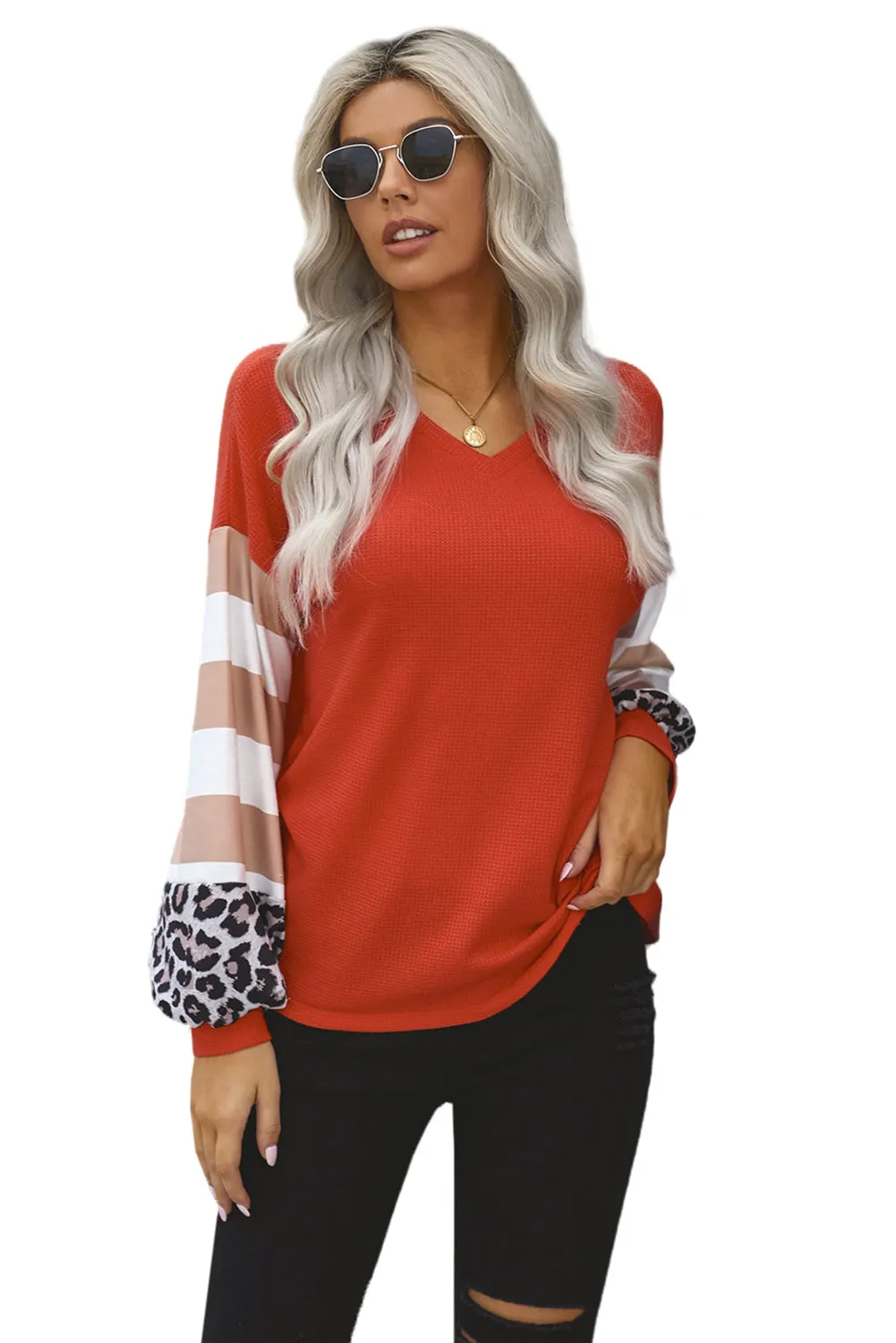 Red V Neck Lantern Sleeve Leopard Stripe Splice Long Sleeve Top