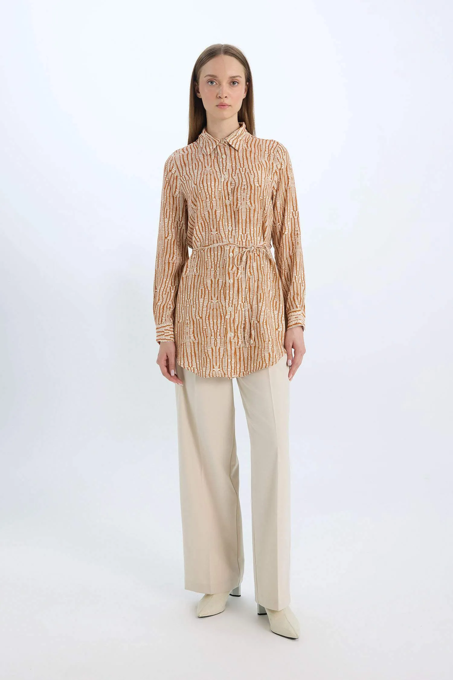Regular Fit Shirt Collar Printed Long Sleeve Tunic