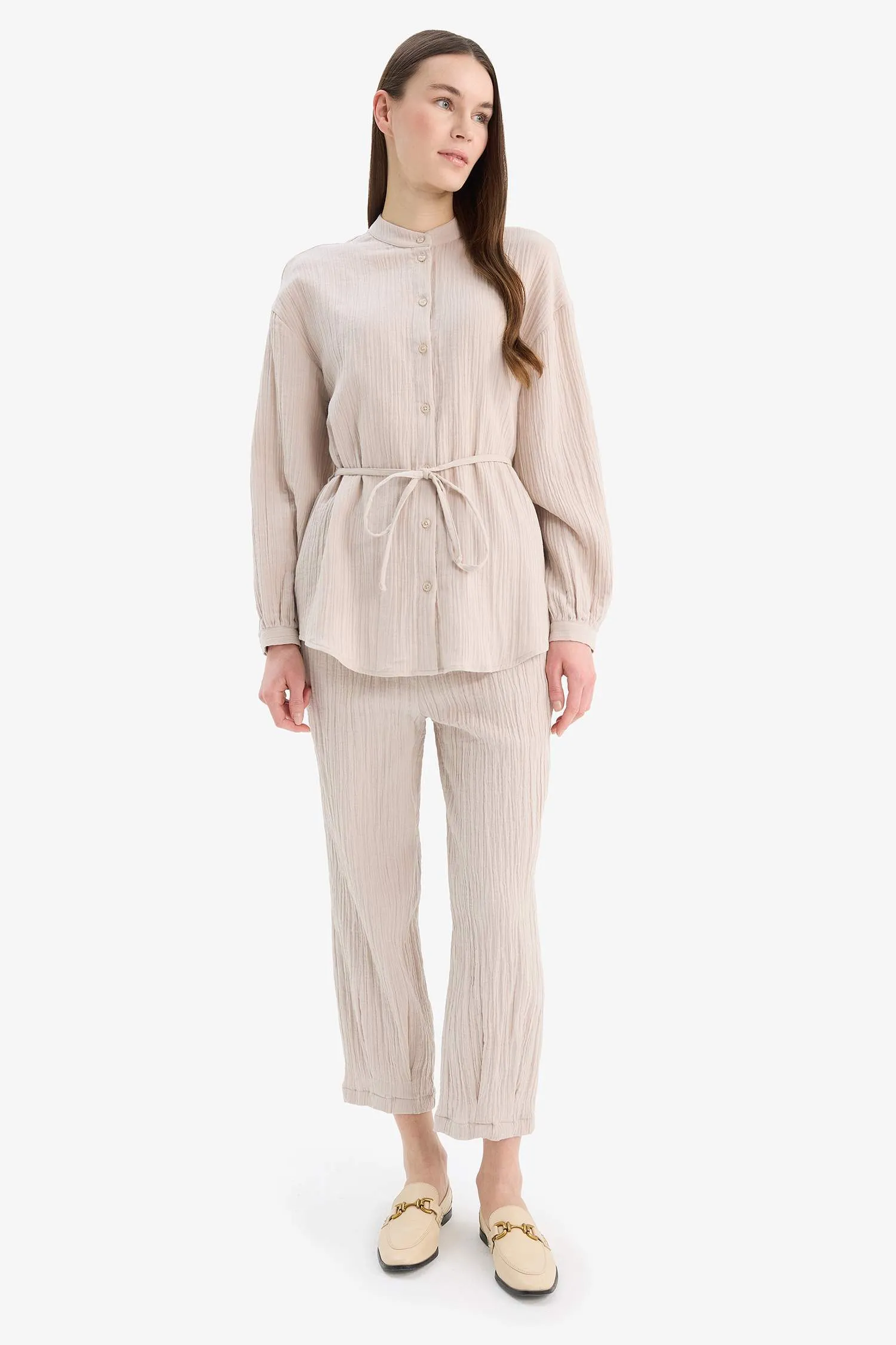 Relax Fit Basic Laced Muslin Long Sleeve Shirt
