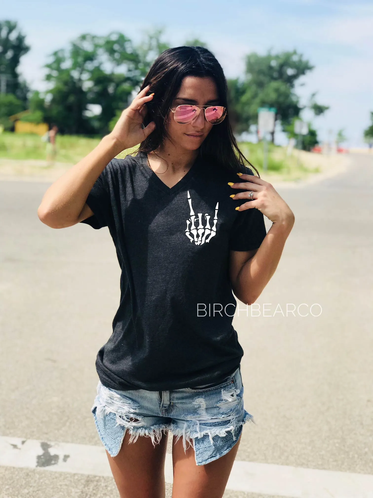 Rock On Skeleton Shirt | Halloween Shirt | Unisex V Neck