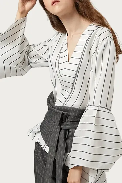 RONNIE PINSTRIPE WRAP BLOUSE