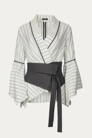 RONNIE PINSTRIPE WRAP BLOUSE