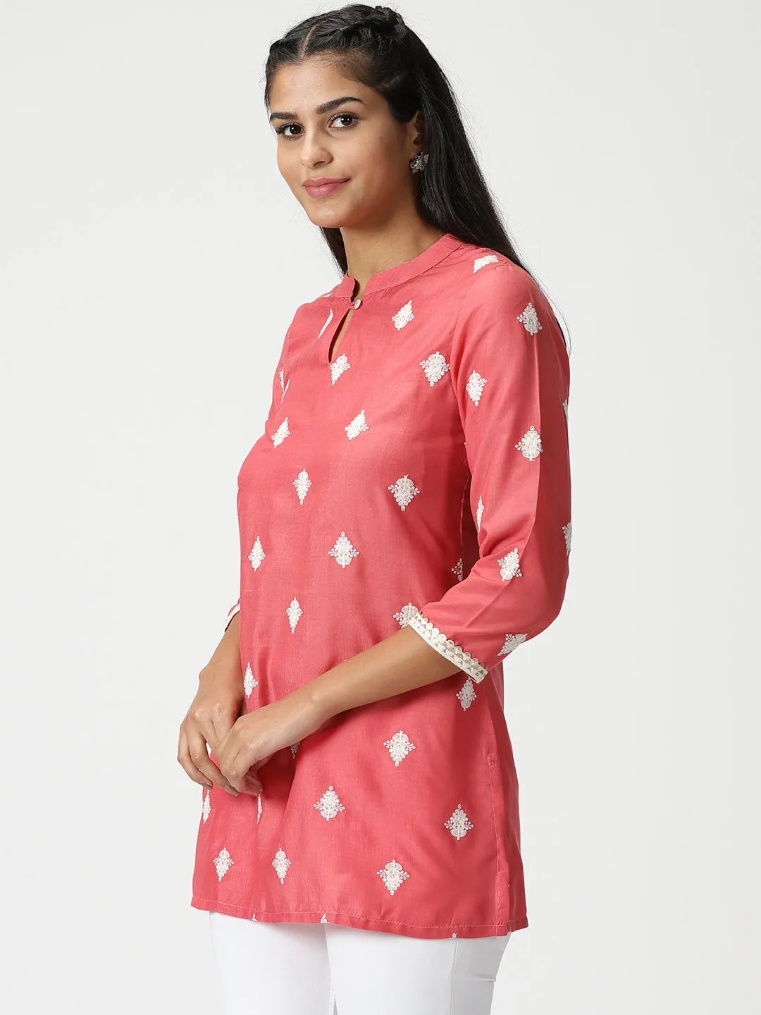 Rose Pink Ethnic Motifs Embroidered Tunic