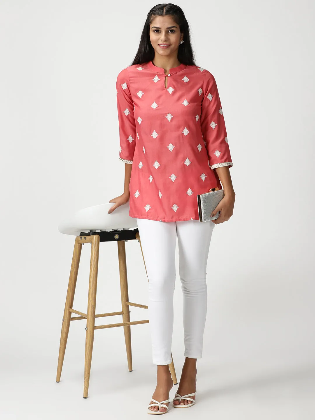 Rose Pink Ethnic Motifs Embroidered Tunic