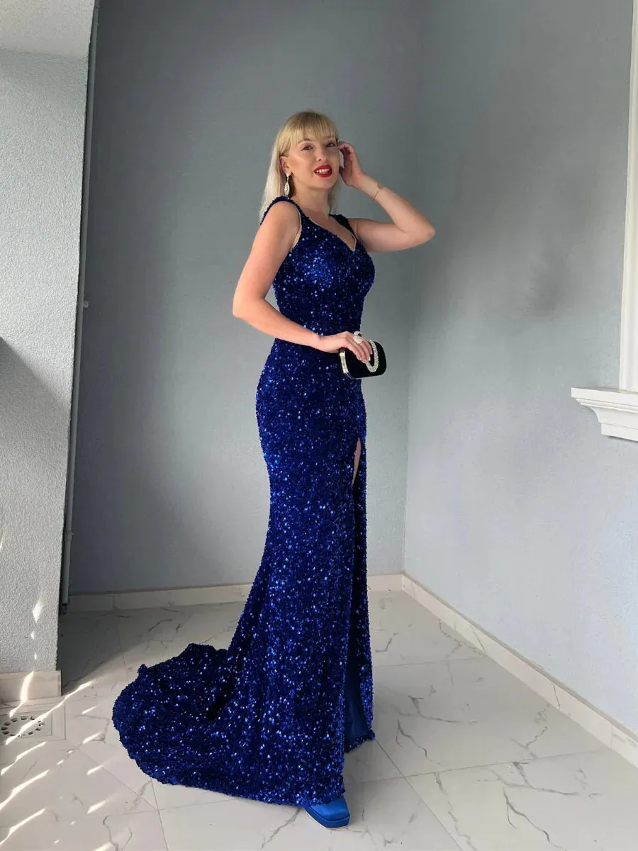 Royal Blue Velvet Sequin Prom Dresses V Neck Mermaid Slit Women Dress