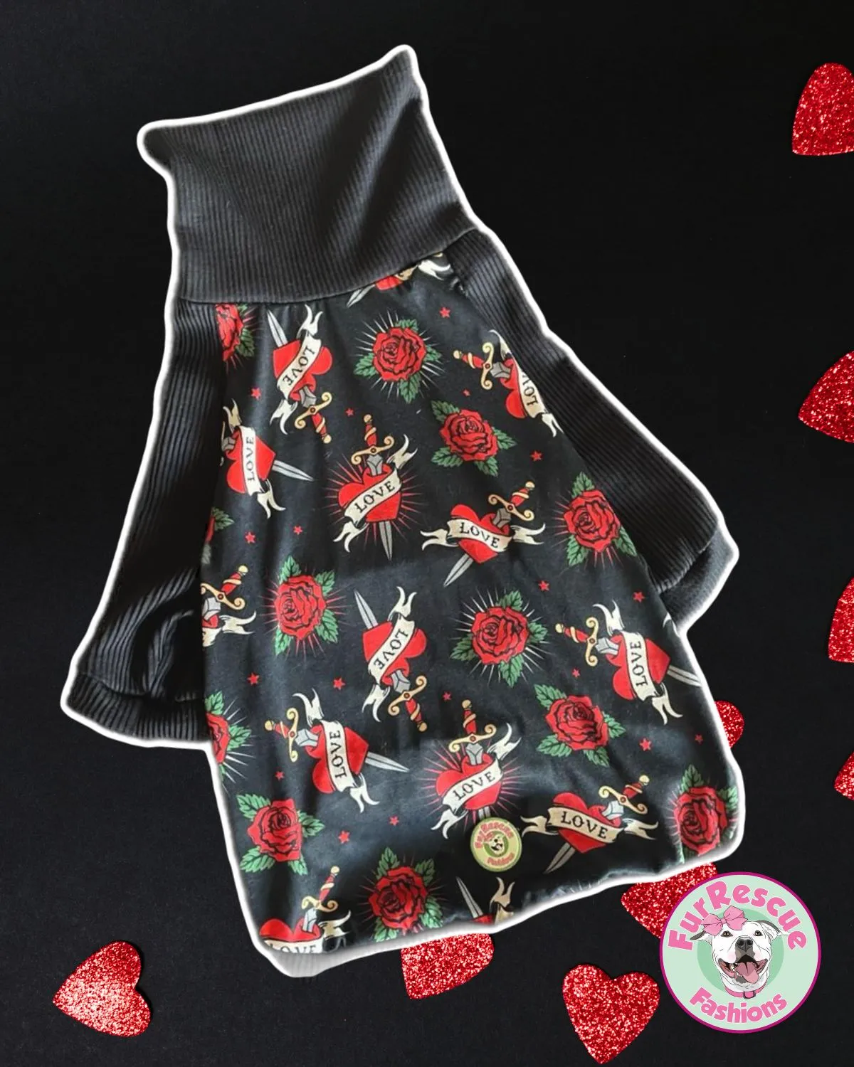 Ruff Love (hearts & swords)- PAWjama with Black Neck & Trim/Sleeves
