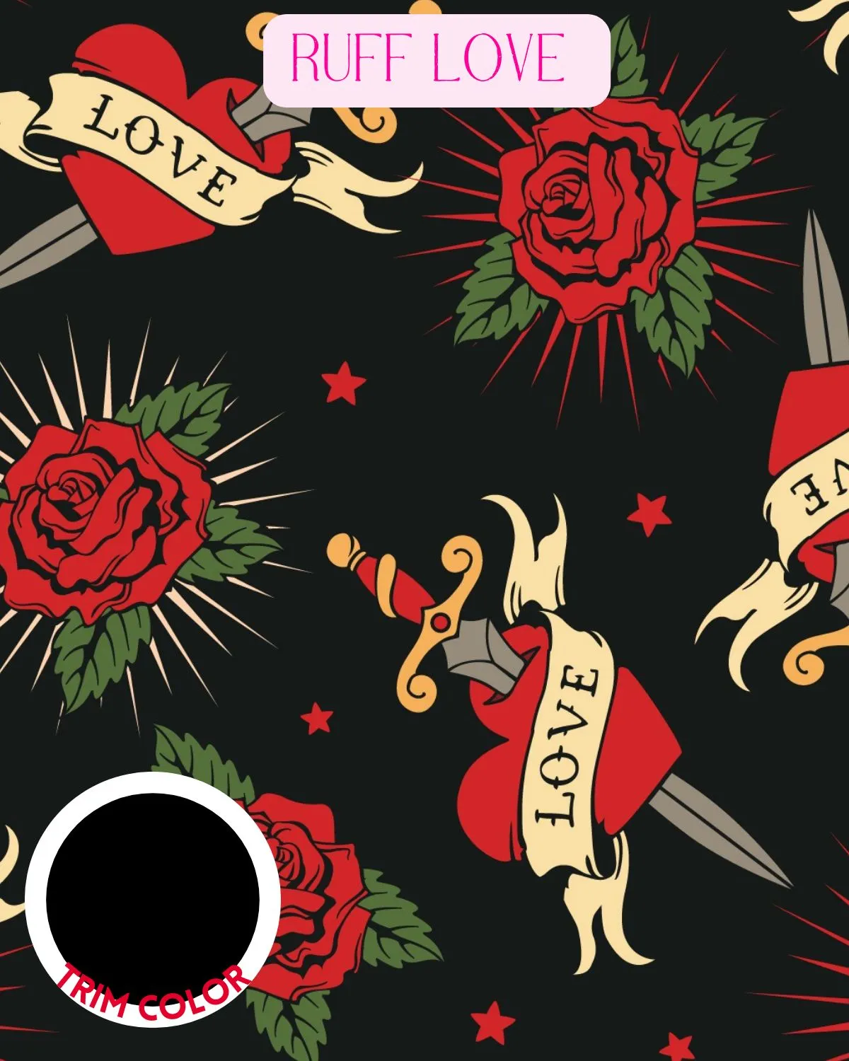 Ruff Love (hearts & swords)- PAWjama with Black Neck & Trim/Sleeves