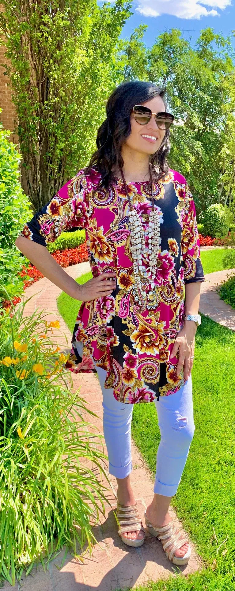 S, M, L : Magenta Floral & Black Scoop Tunic