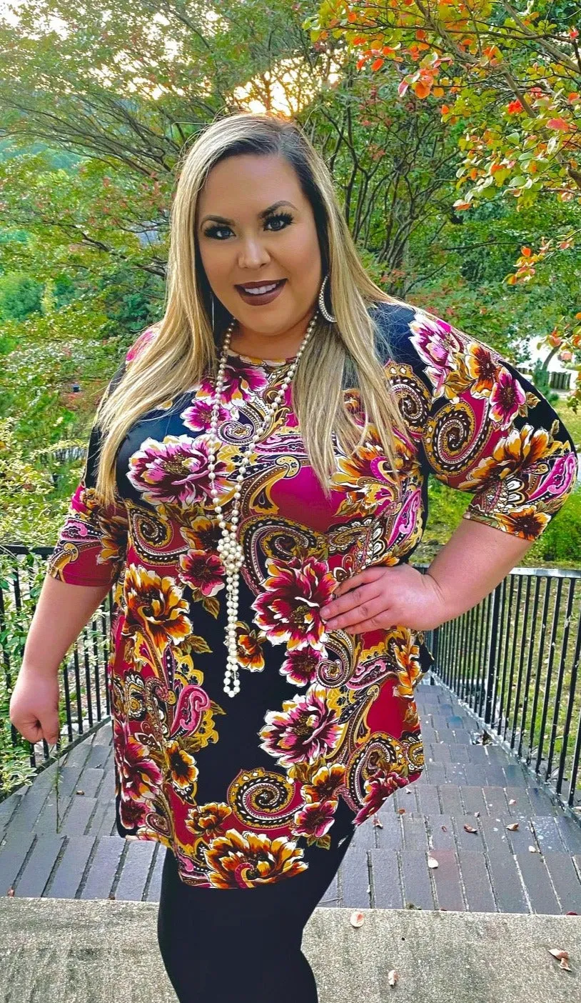 S, M, L : Magenta Floral & Black Scoop Tunic
