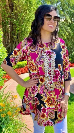 S, M, L : Magenta Floral & Black Scoop Tunic