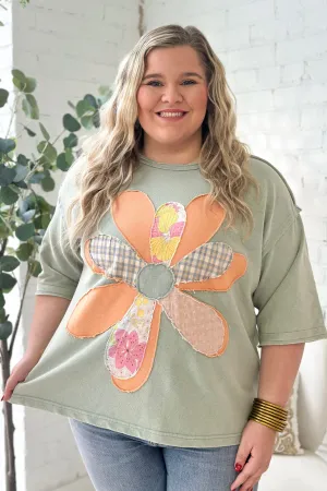Sage Half Sleeve Flower Patch Top