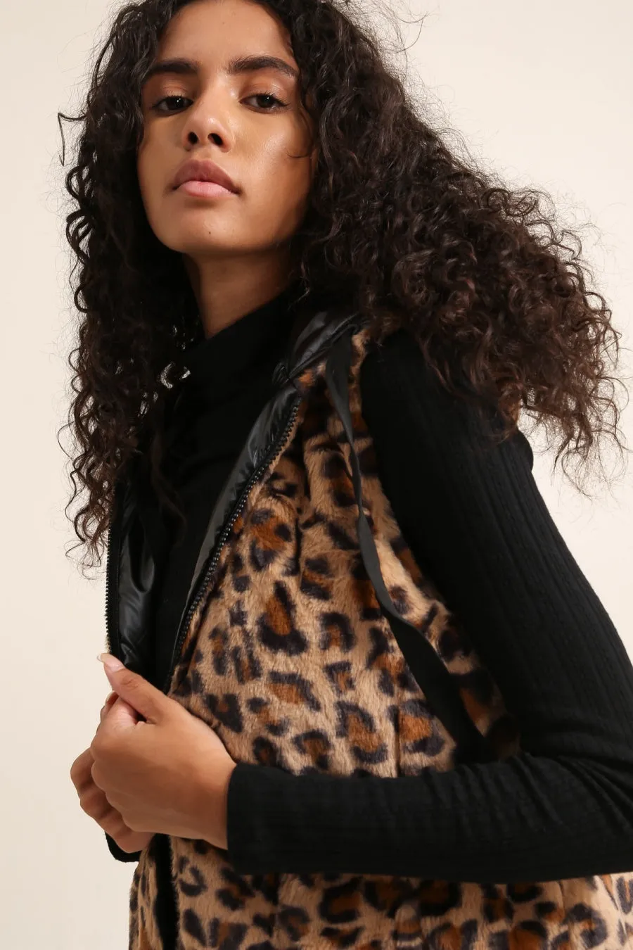 SALE Sleeveless Hooded Reversible Leopard Fur Jacket