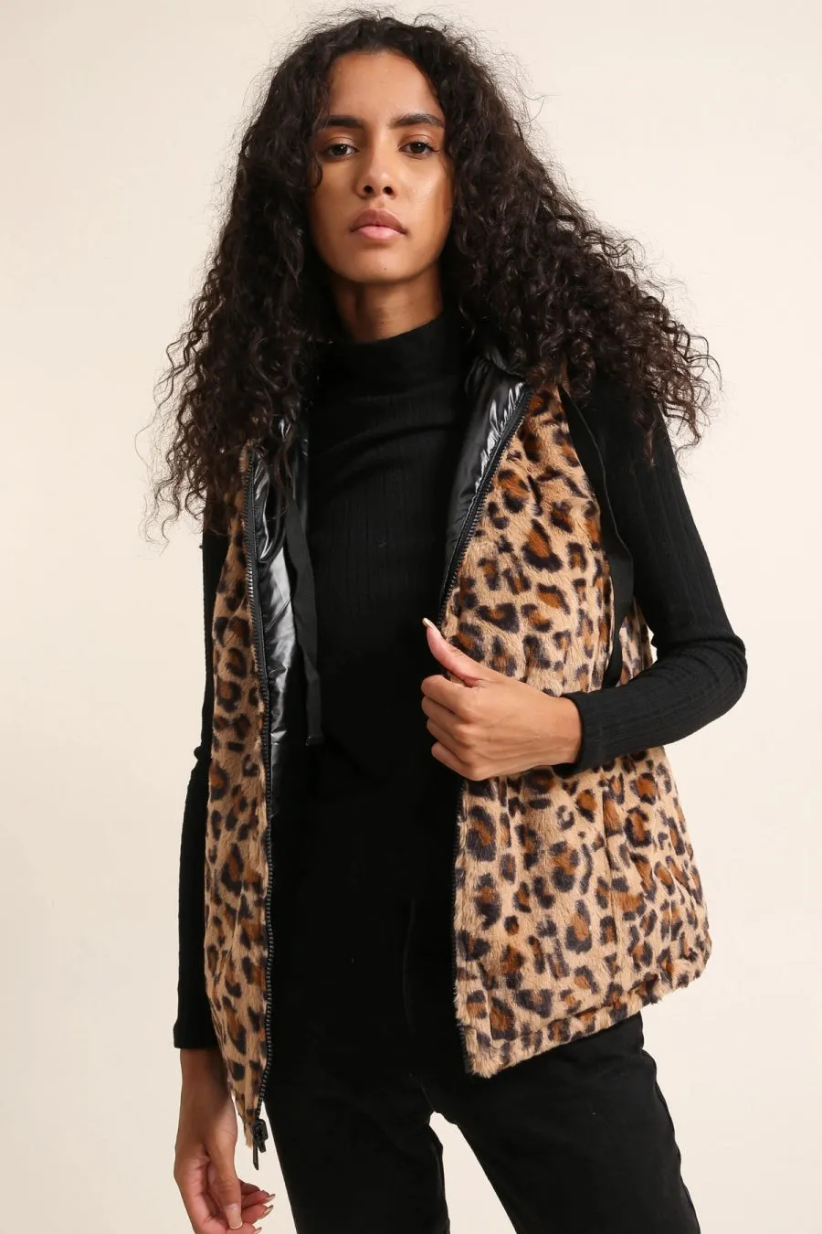 SALE Sleeveless Hooded Reversible Leopard Fur Jacket
