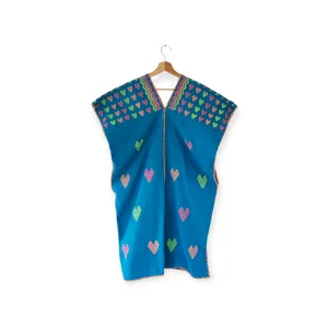 San Juan Colorado Huipil Tunic Dress - Blue / Pink Hearts