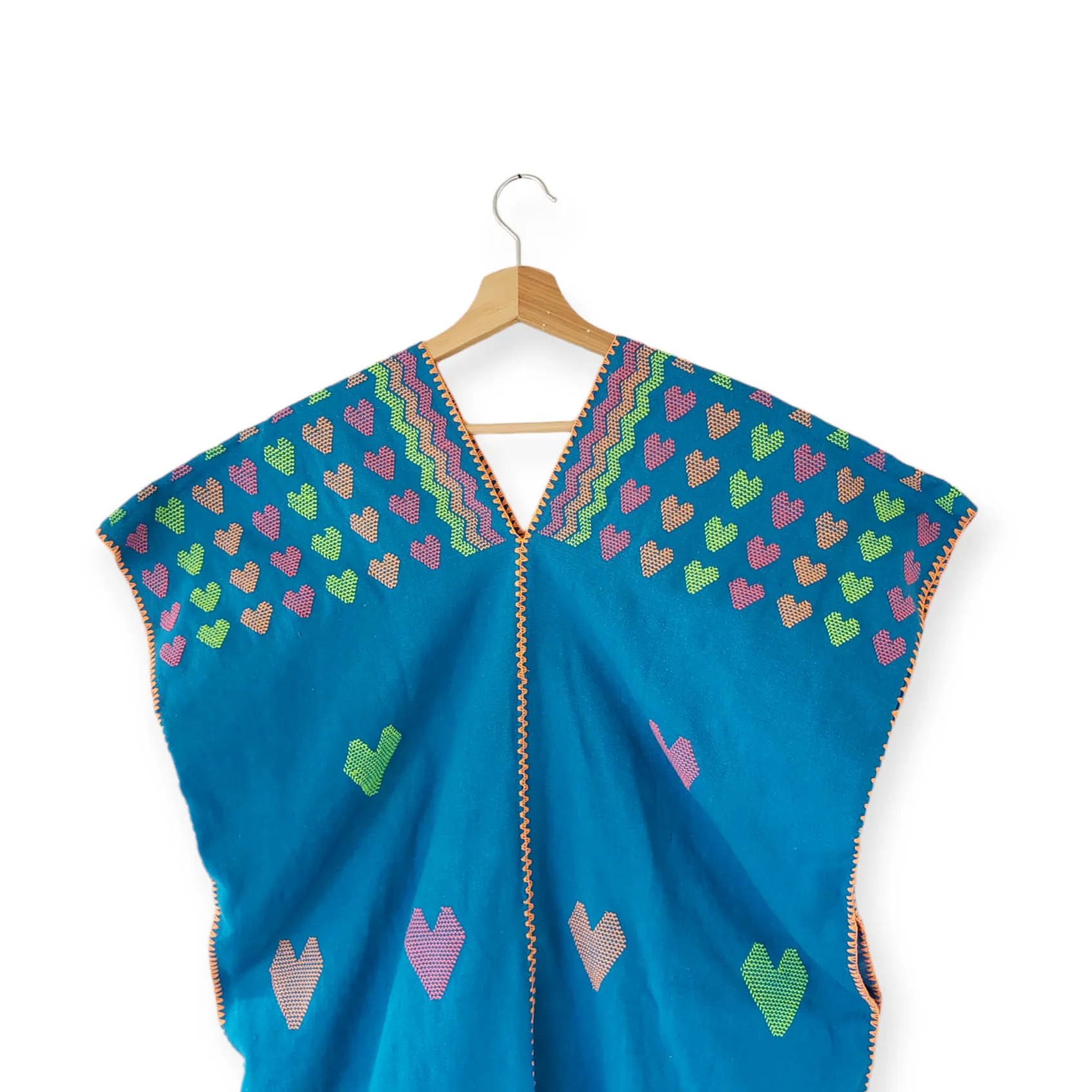 San Juan Colorado Huipil Tunic Dress - Blue / Pink Hearts